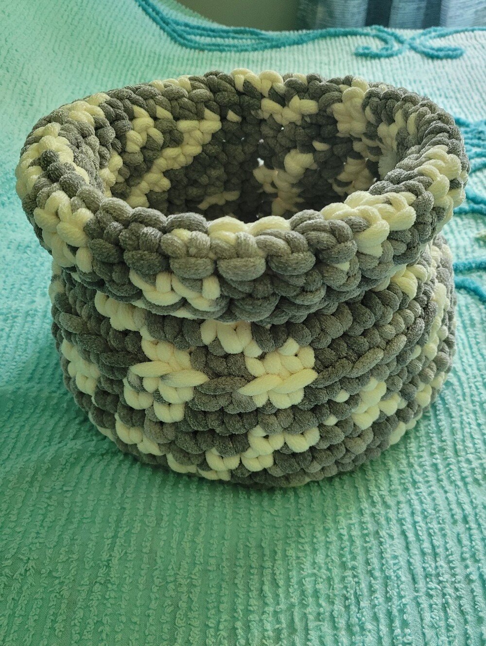 Handmade Plush Knit Storage Basket in Gray and White